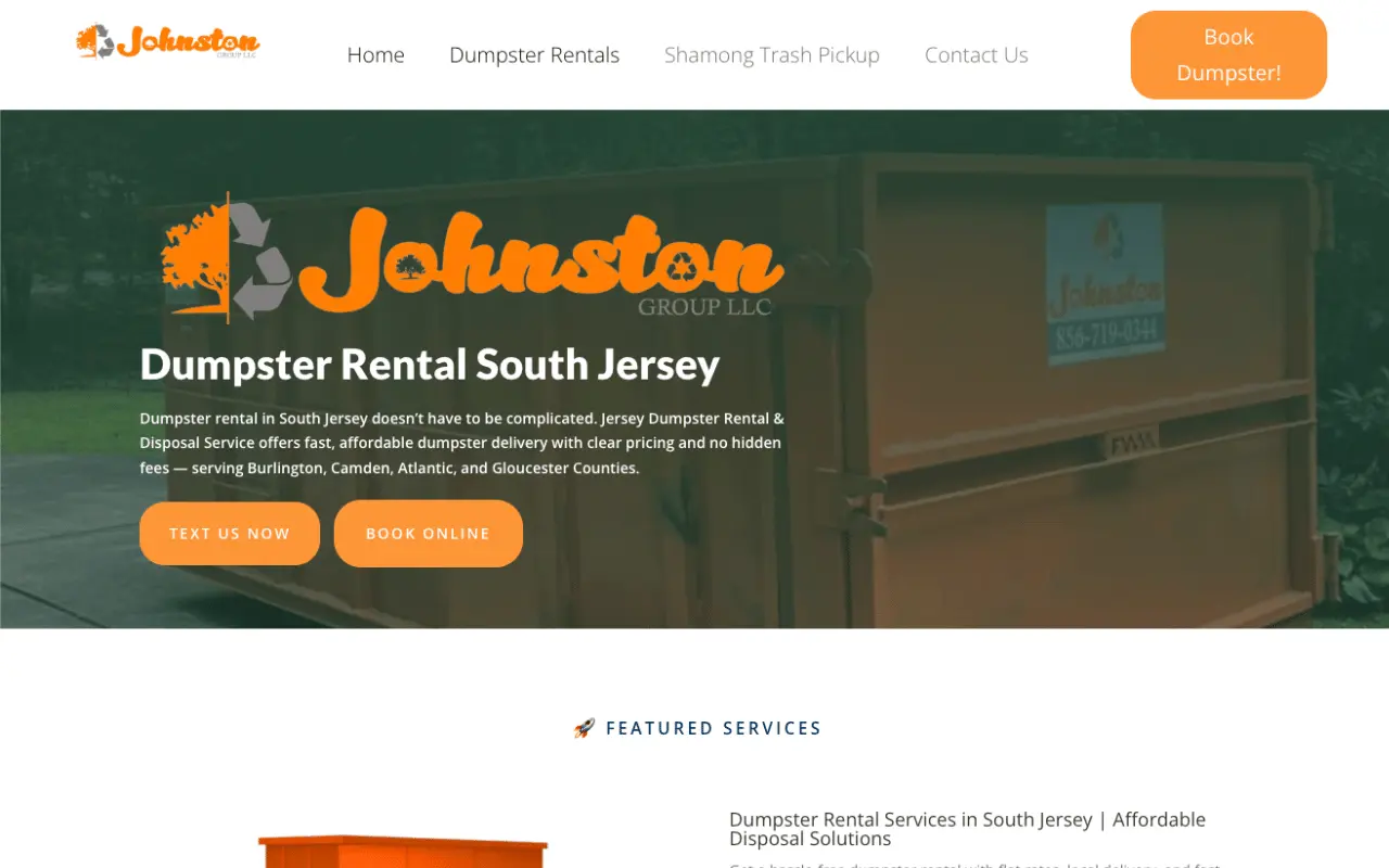Jersey Dumpster Rentals website screenshot